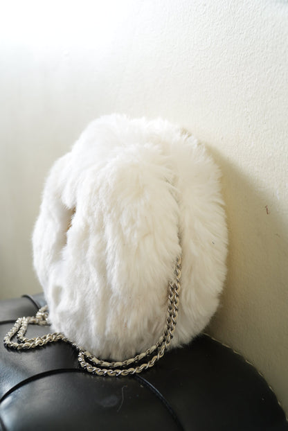 Chanel White Faux Fur Crystal Embellished CC Round Crossbody