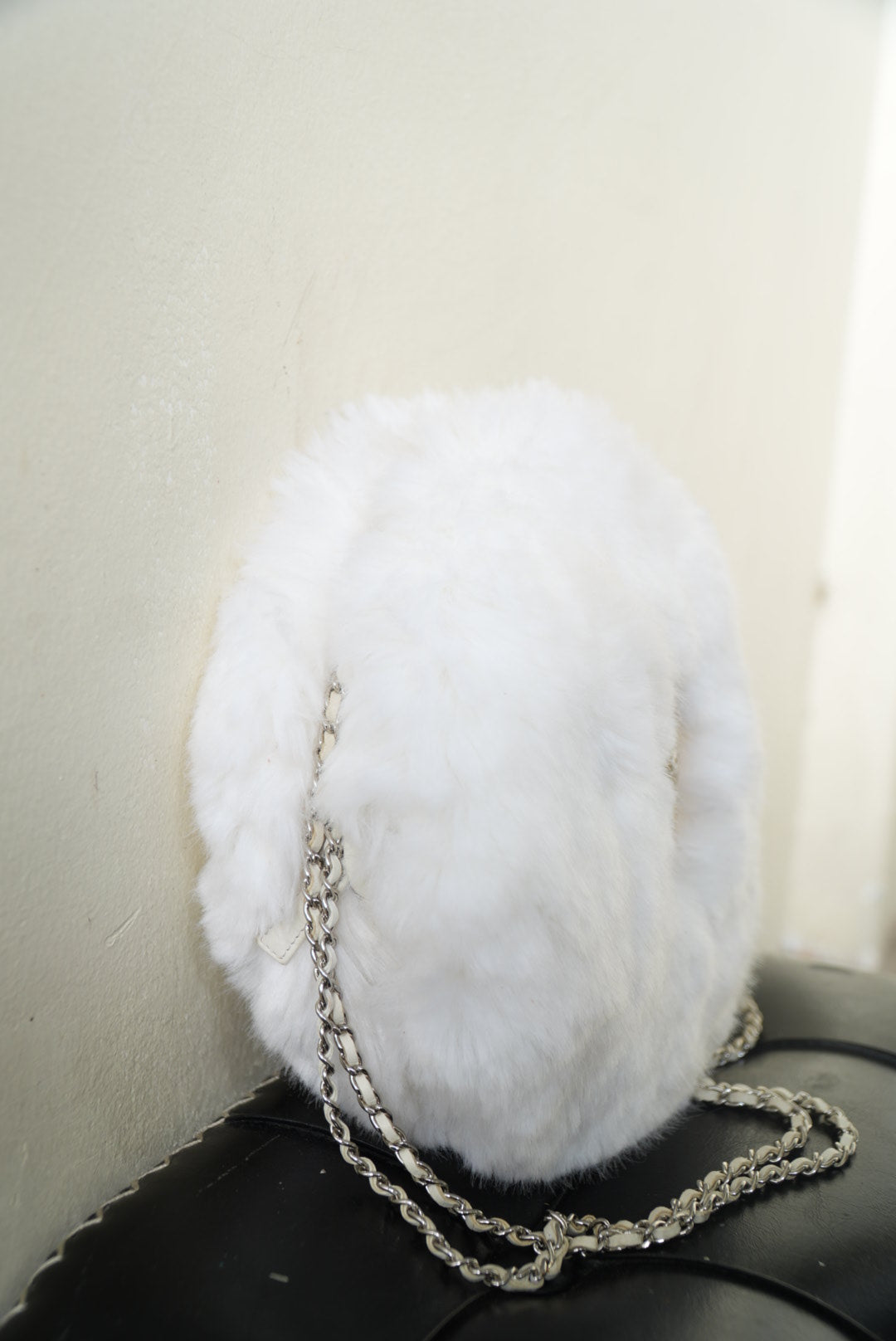Chanel White Faux Fur Crystal Embellished CC Round Crossbody