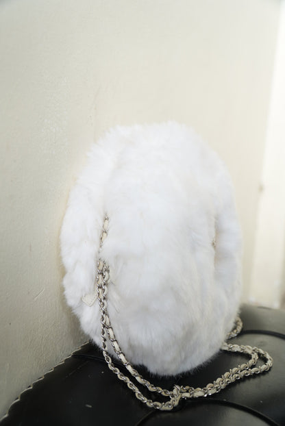 Chanel White Faux Fur Crystal Embellished CC Round Crossbody