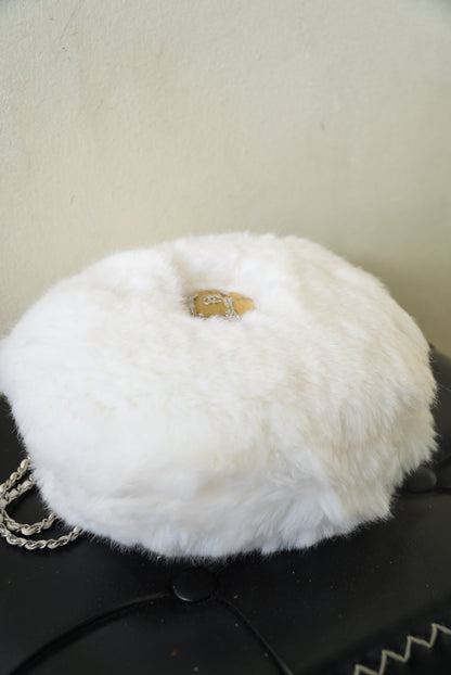 Chanel White Faux Fur Crystal Embellished CC Round Crossbody