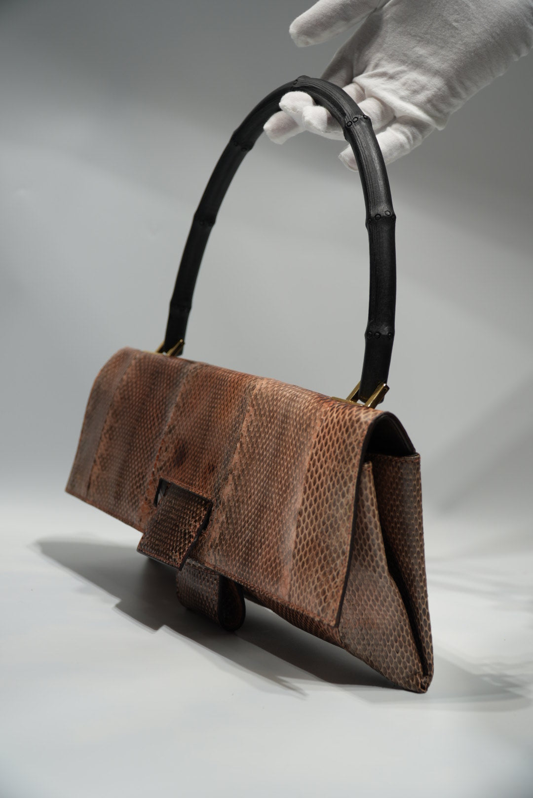 Gucci by Tom Ford Brown Python Bamboo Top Handle Bag