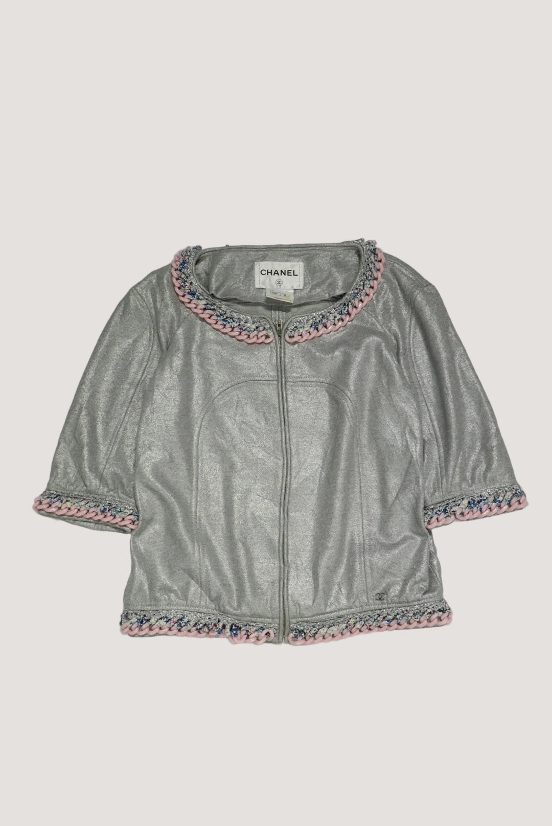 Chanel Silver Chain Tweed Trimming Blazer Jacket