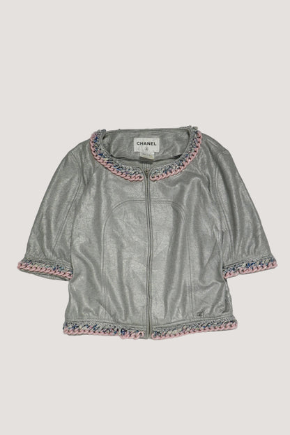 Chanel Silver Chain Tweed Trimming Blazer Jacket