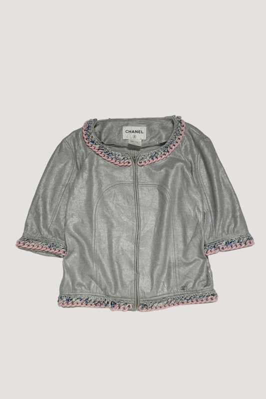 Chanel Silver Chain Tweed Trimming Blazer Jacket