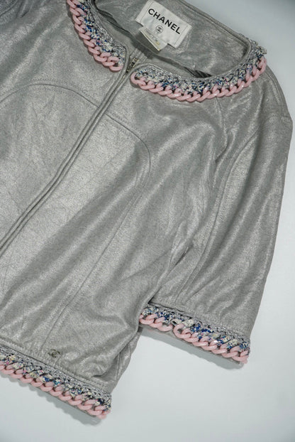 Chanel Silver Chain Tweed Trimming Blazer Jacket