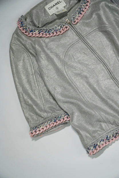 Chanel Silver Chain Tweed Trimming Blazer Jacket