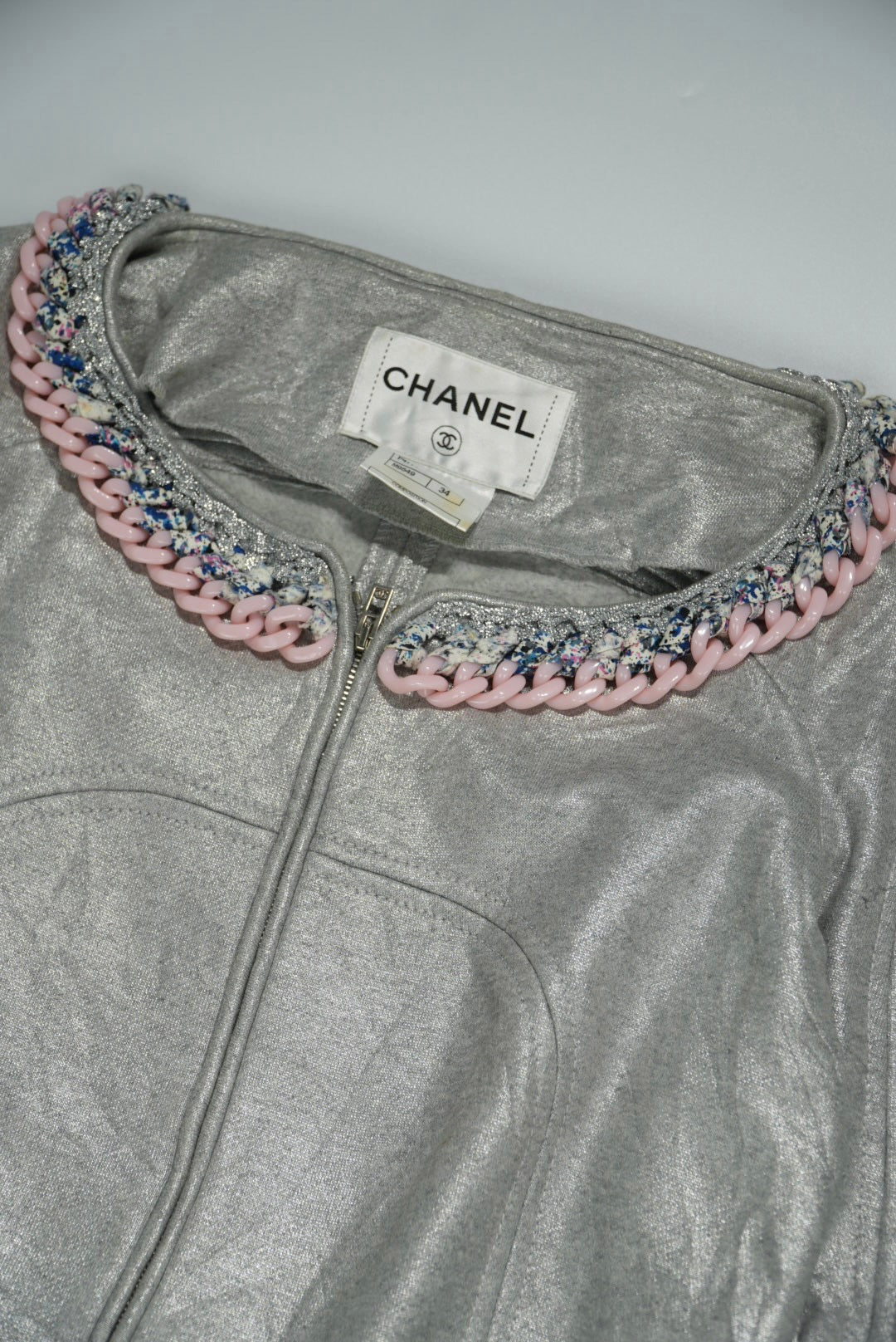 Chanel Silver Chain Tweed Trimming Blazer Jacket