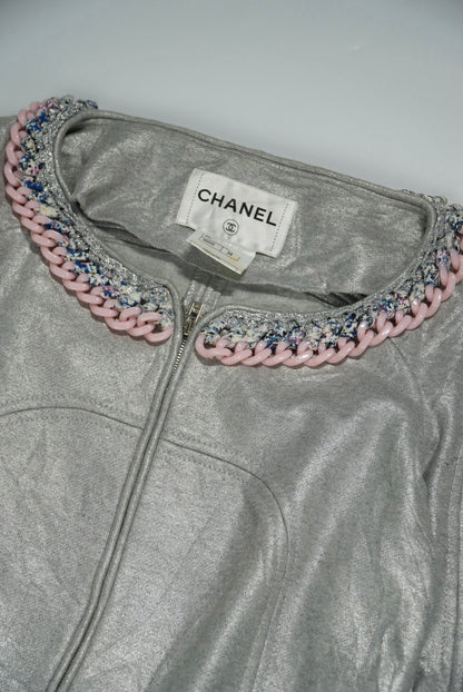 Chanel Silver Chain Tweed Trimming Blazer Jacket