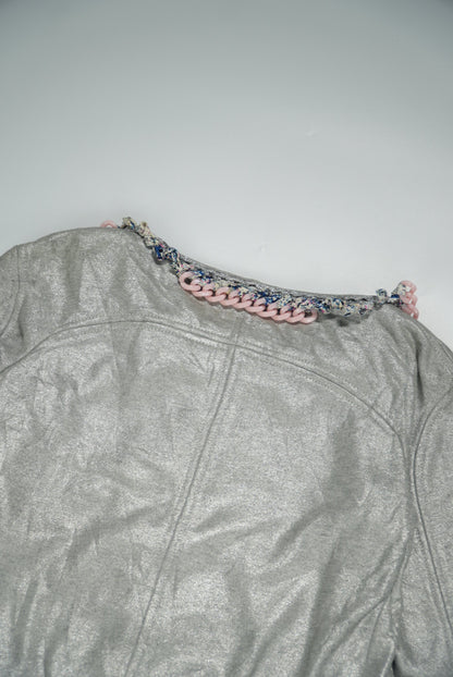Chanel Silver Chain Tweed Trimming Blazer Jacket