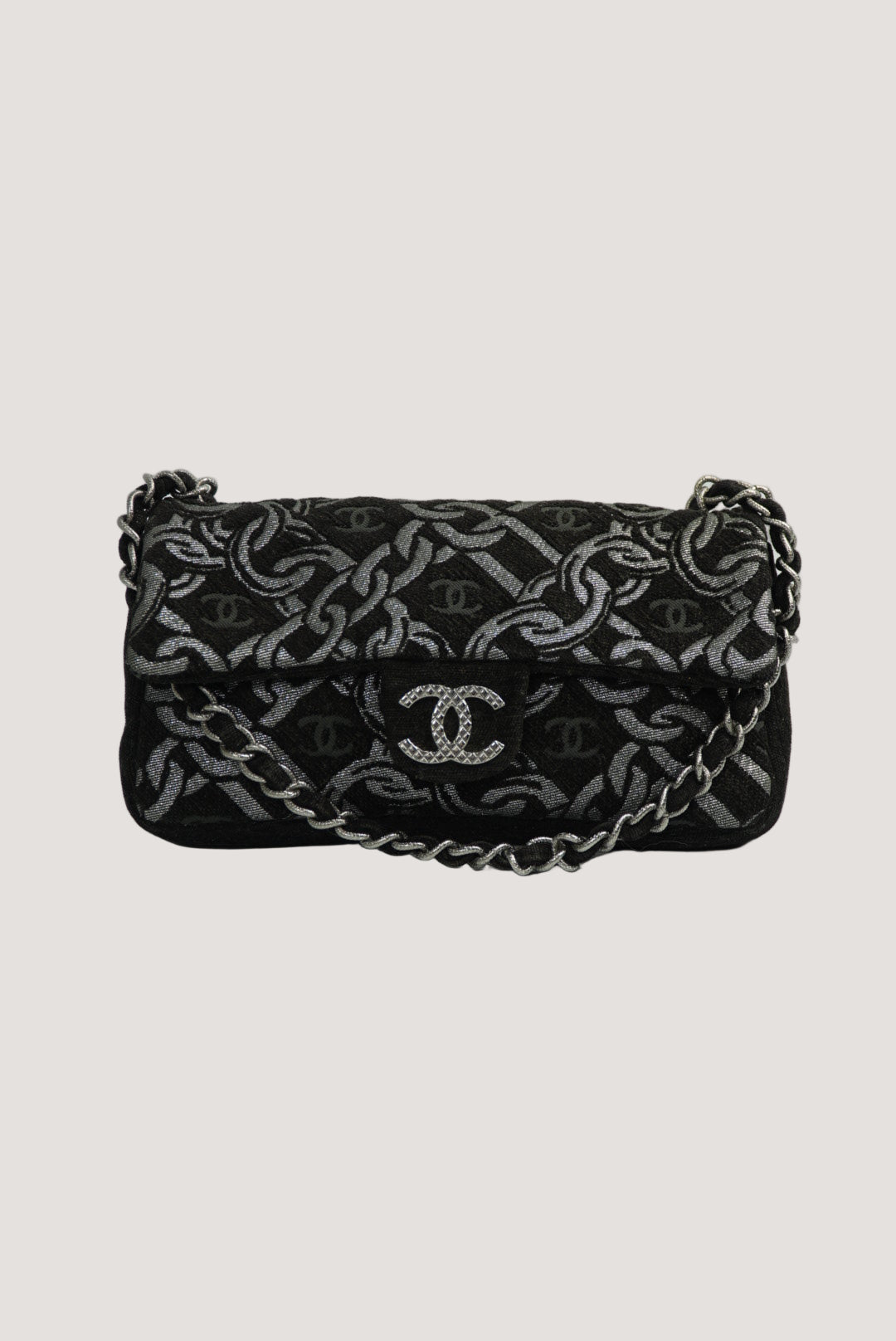 Chanel Black/Silver Printed Tweed CC Chainlink Flap Bag