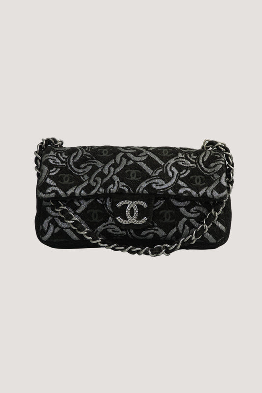 Chanel Black/Silver Printed Tweed CC Chainlink Flap Bag