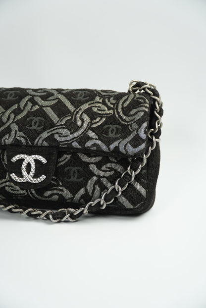 Chanel Black/Silver Printed Tweed CC Chainlink Flap Bag
