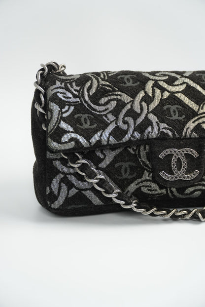 Chanel Black/Silver Printed Tweed CC Chainlink Flap Bag
