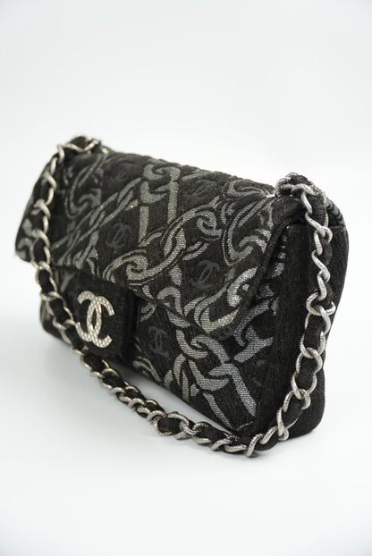 Chanel Black/Silver Printed Tweed CC Chainlink Flap Bag