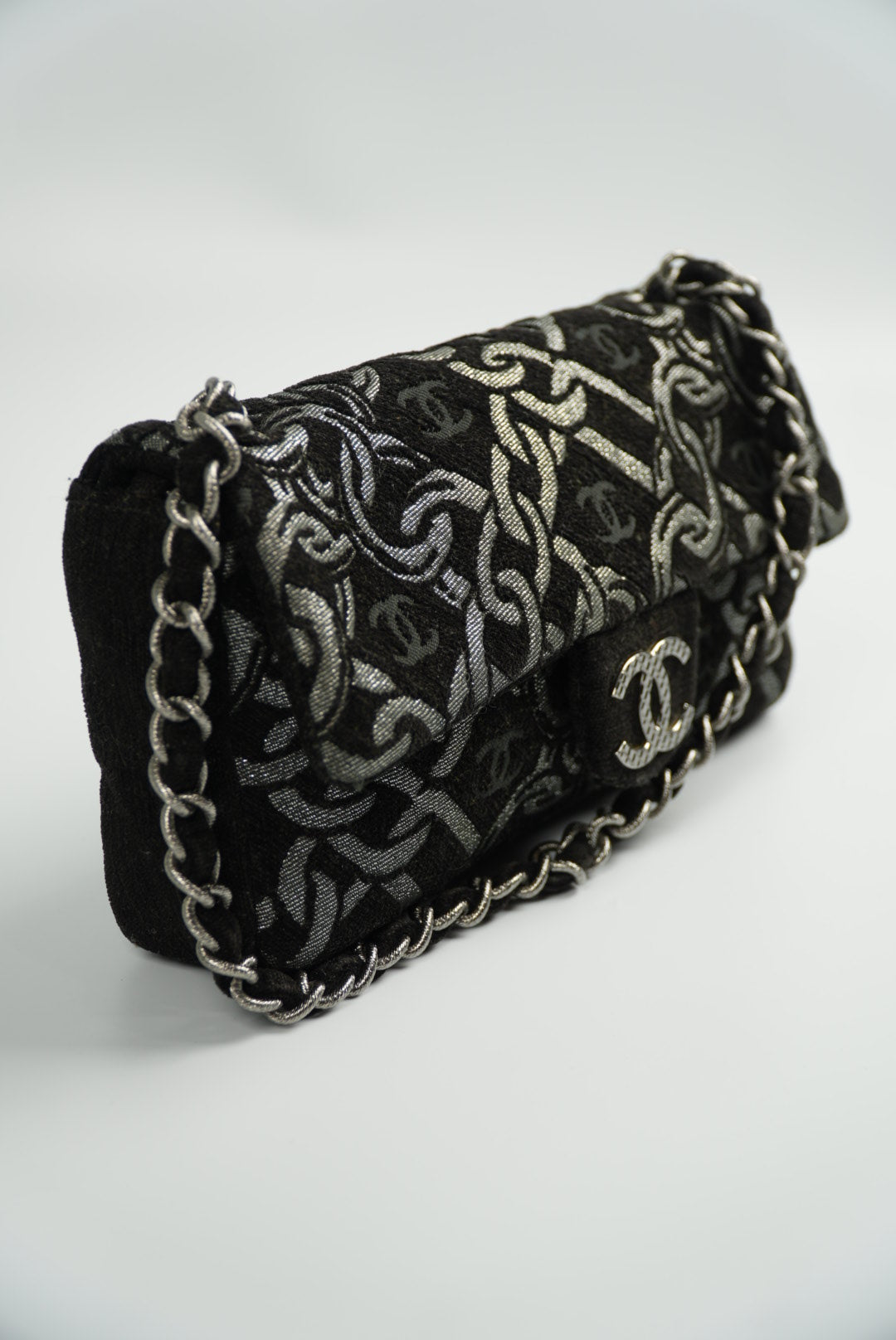 Chanel Black/Silver Printed Tweed CC Chainlink Flap Bag