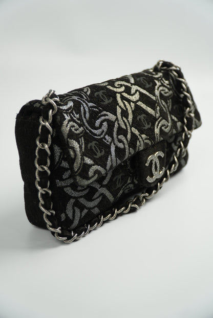 Chanel Black/Silver Printed Tweed CC Chainlink Flap Bag