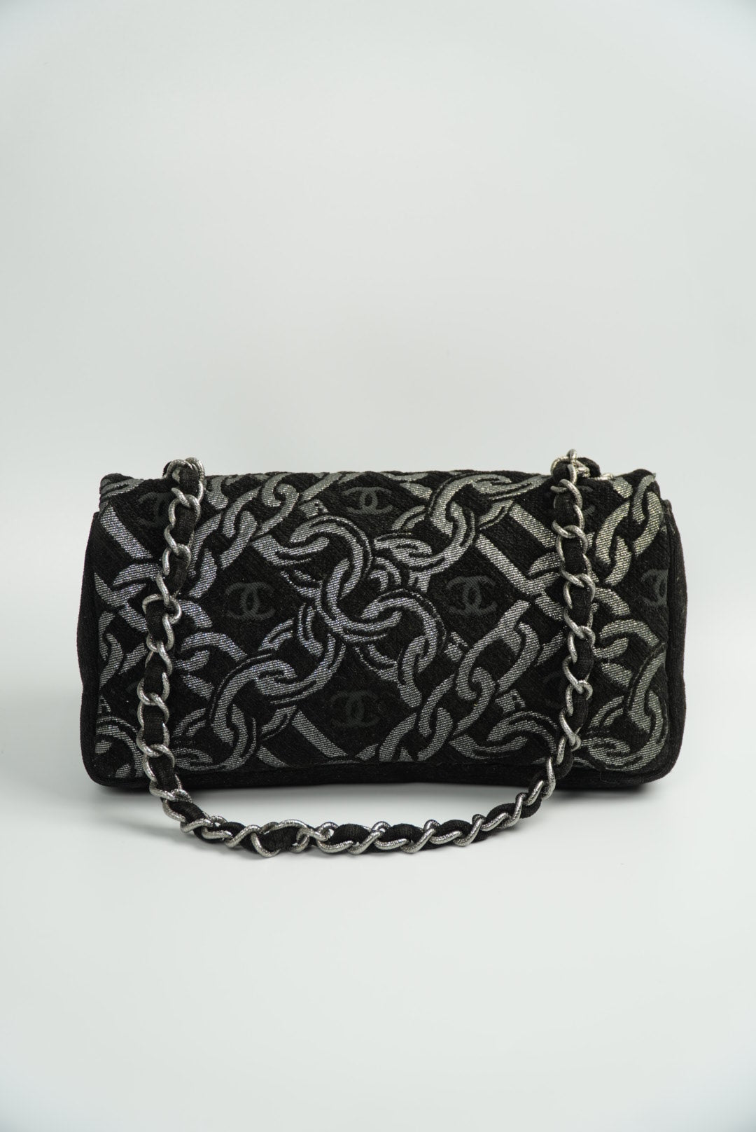 Chanel Black/Silver Printed Tweed CC Chainlink Flap Bag