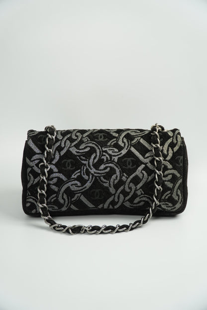 Chanel Black/Silver Printed Tweed CC Chainlink Flap Bag