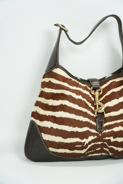 Gucci by Tom Ford Brown and White Zebra Print Pony-hair Jackie O Bag