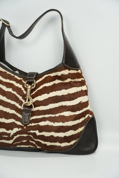 Gucci by Tom Ford Brown and White Zebra Print Pony-hair Jackie O Bag