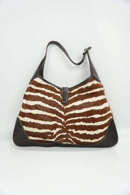 Gucci by Tom Ford Brown and White Zebra Print Pony-hair Jackie O Bag