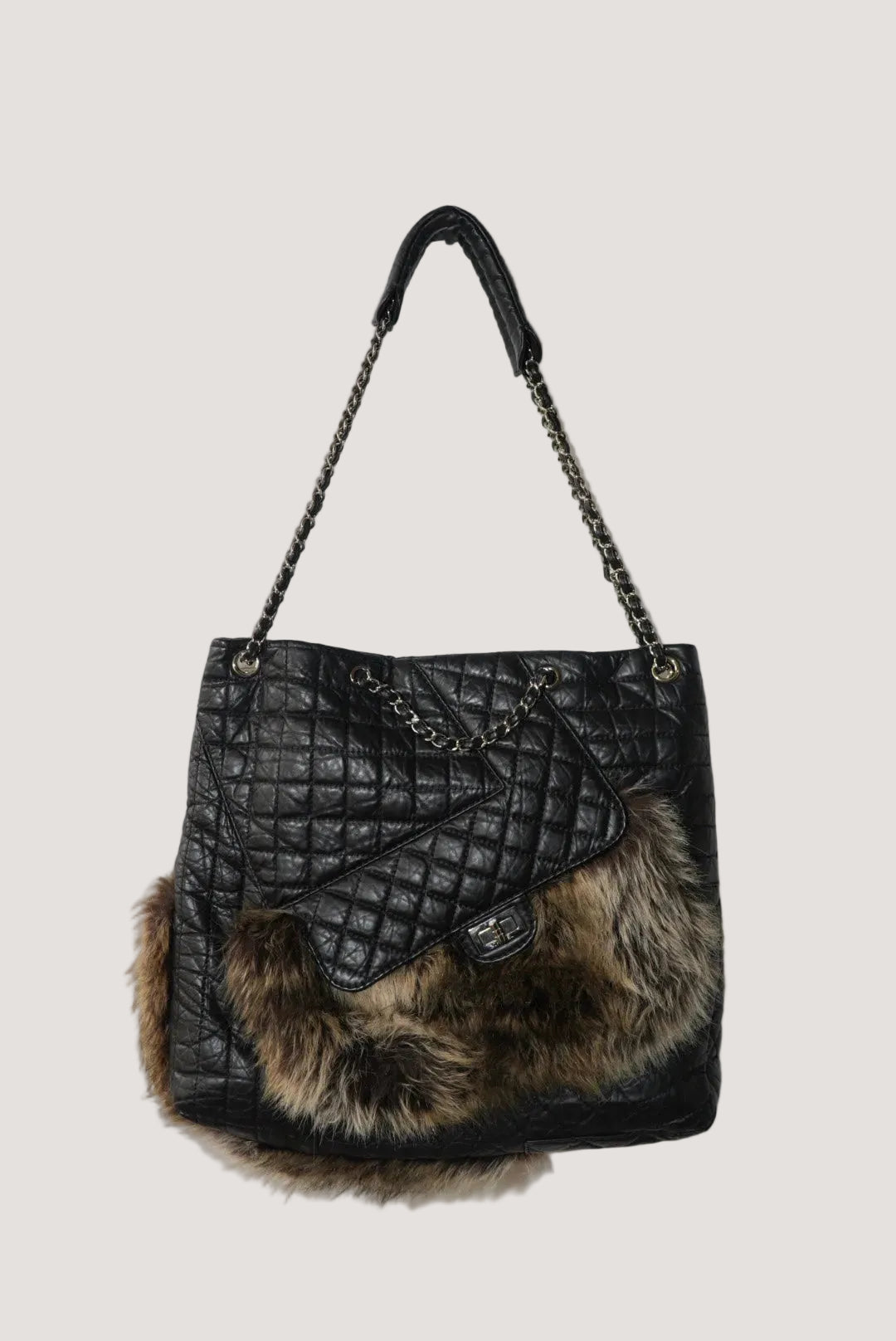 Chanel Black Quilted Karl's Cabas Fantasy Fur Tote Bag