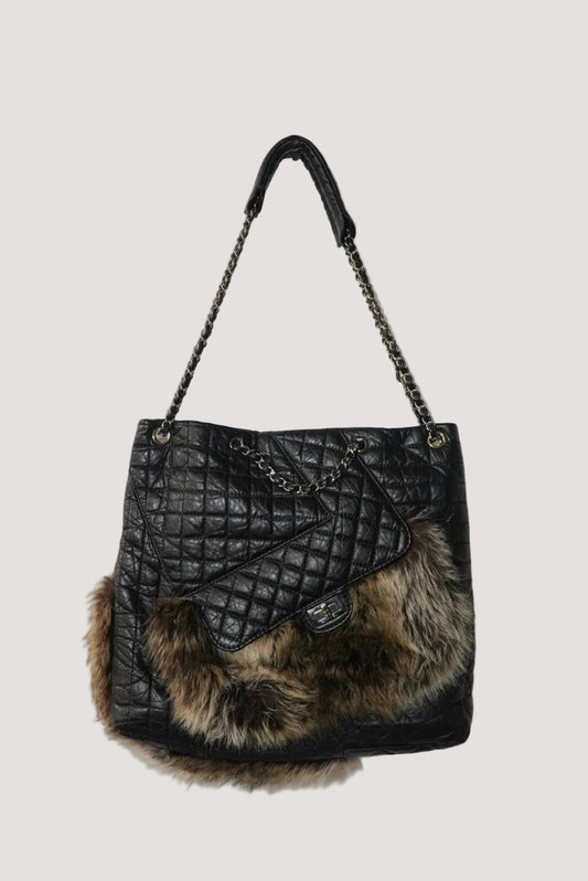Chanel Black Quilted Karl's Cabas Fantasy Fur Tote Bag