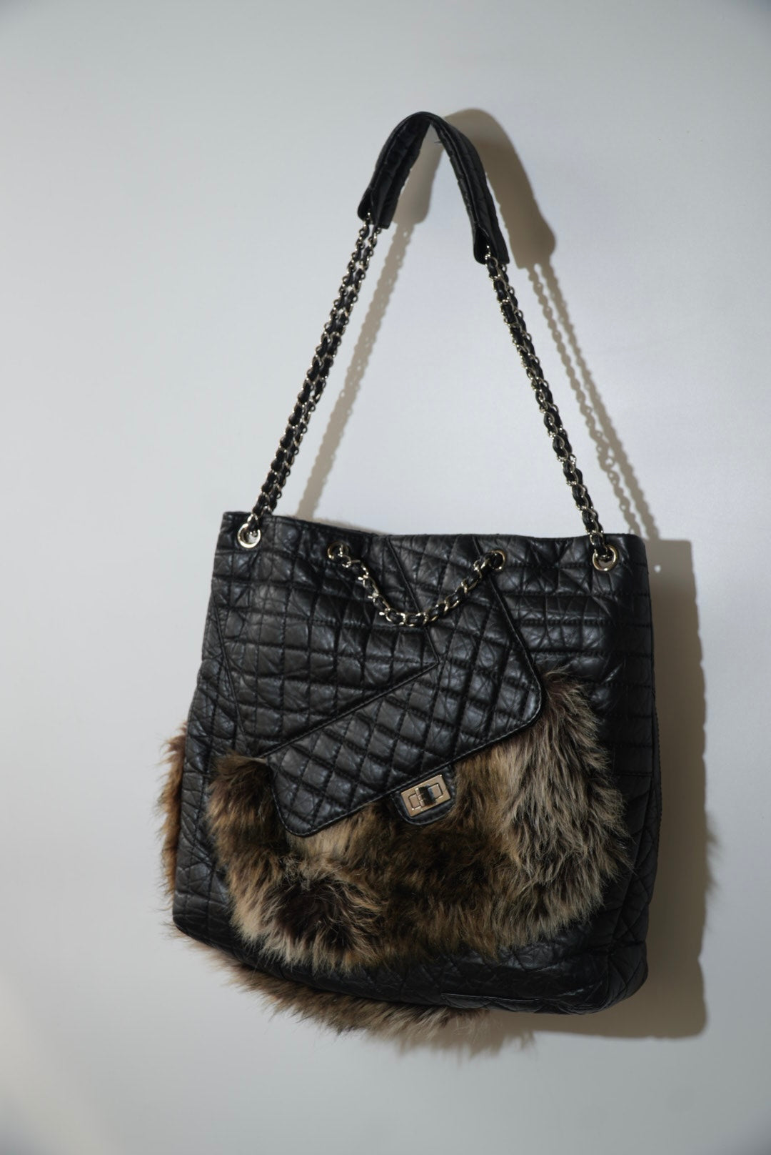 Chanel Black Quilted Karl's Cabas Fantasy Fur Tote Bag