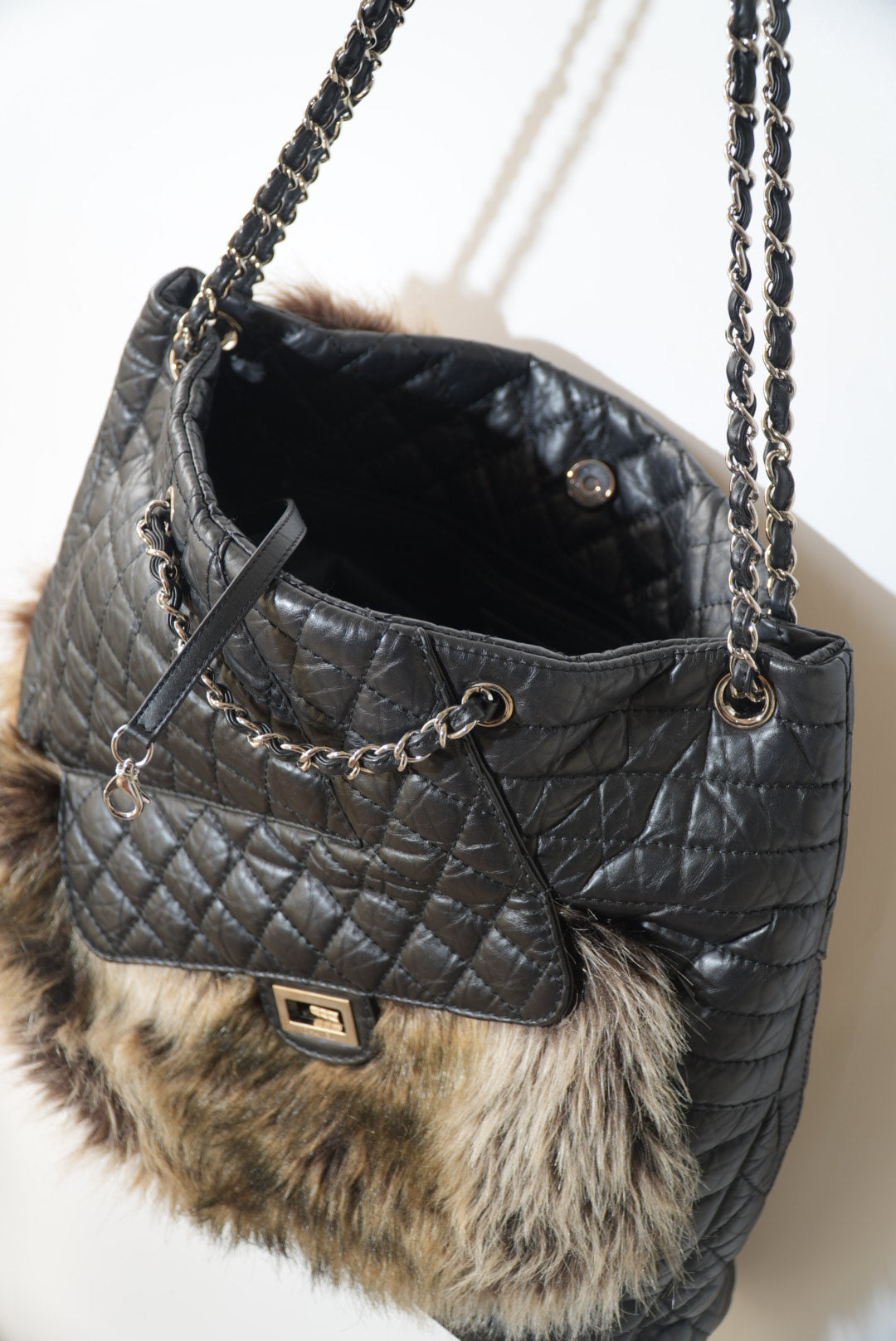 Chanel Black Quilted Karl's Cabas Fantasy Fur Tote Bag