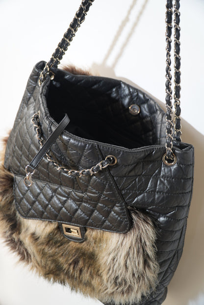 Chanel Black Quilted Karl's Cabas Fantasy Fur Tote Bag