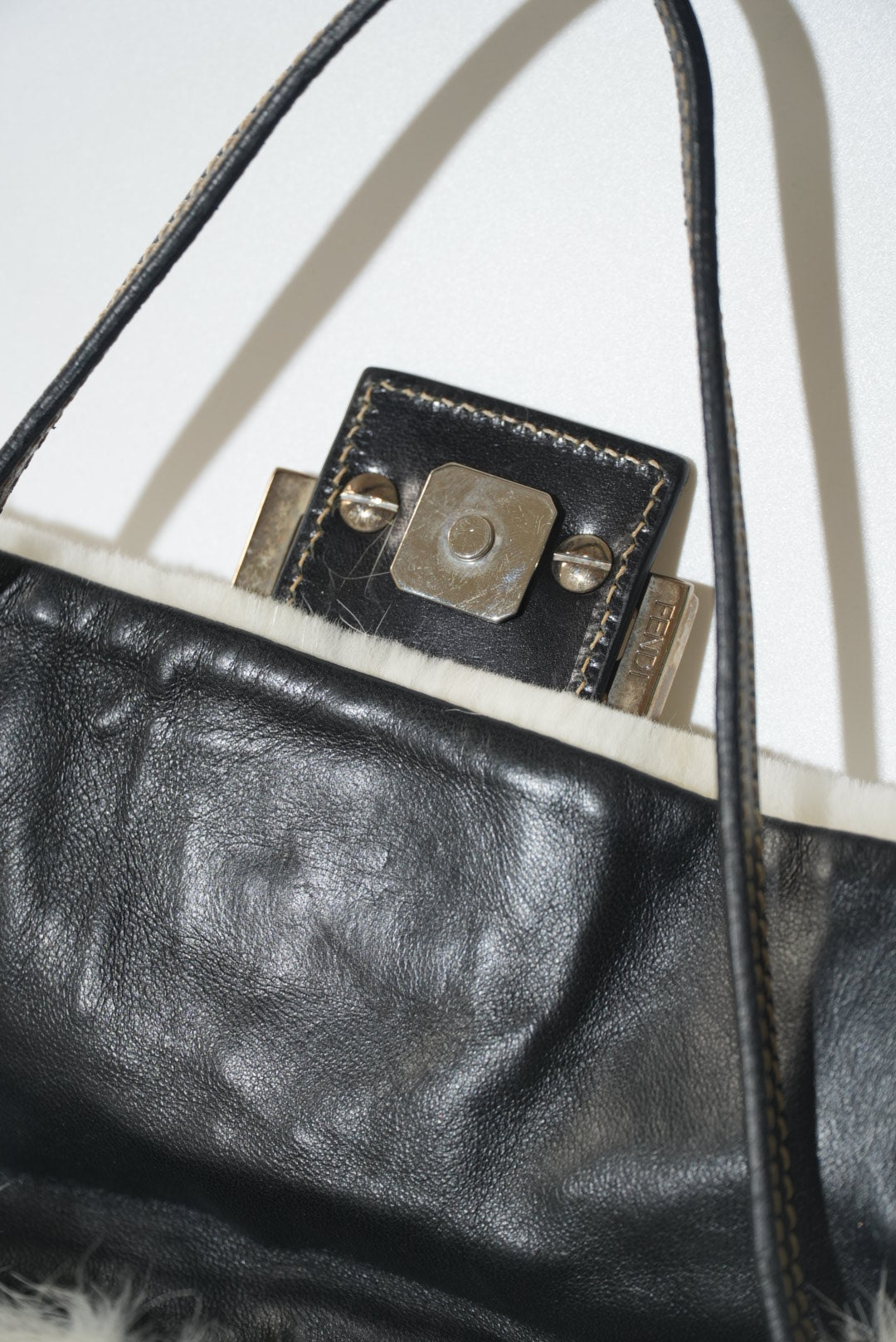 Vintage Fendi White Rabbit Fur Baguette Bag