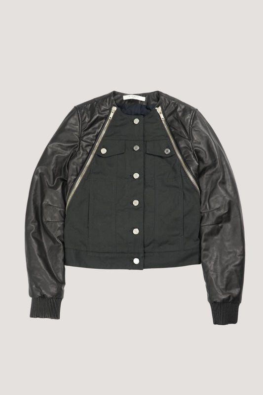 Givenchy Black Denim & Leather Zip Button Front Jacket
