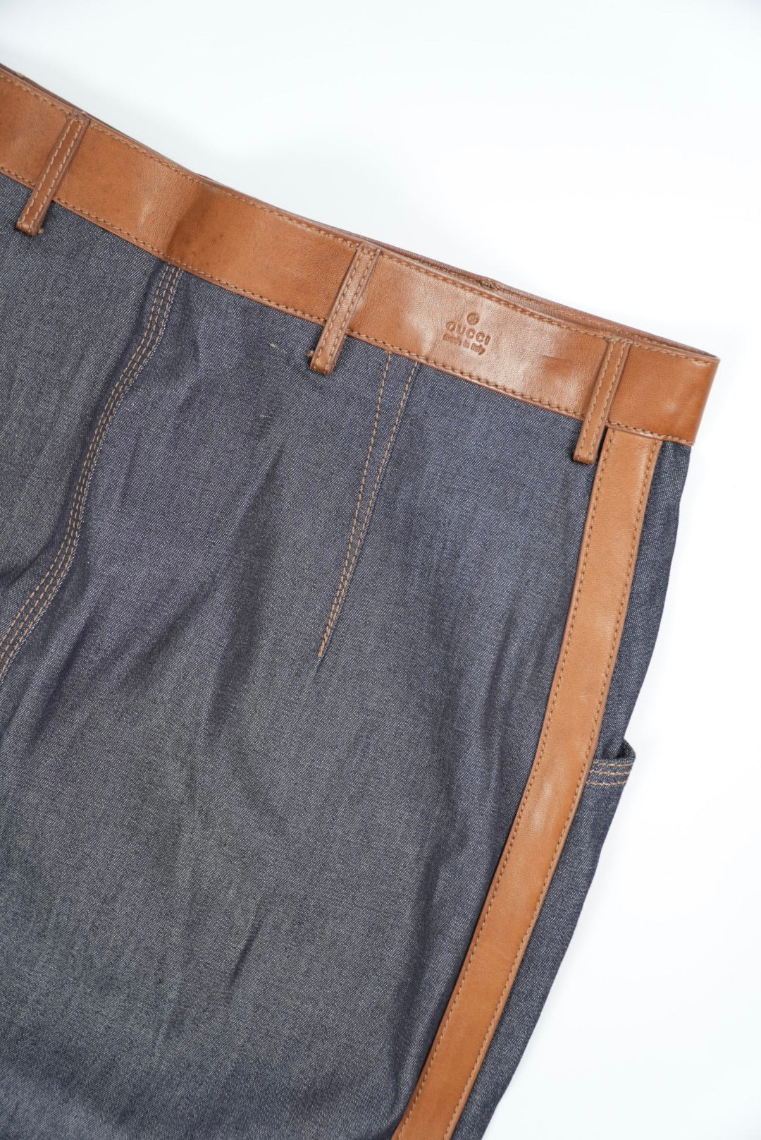 Gucci Denim Lamb Leather Tight Knee-Length Skirt