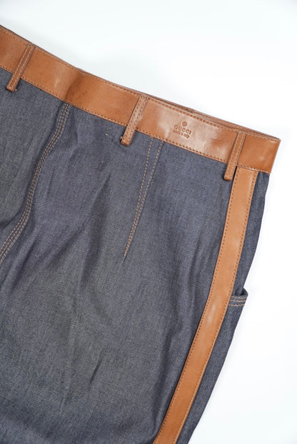 Gucci Denim Lamb Leather Tight Knee-Length Skirt