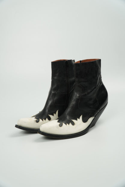 Vetements Black/White Flame Wedge Leather Texan Ankle Boots
