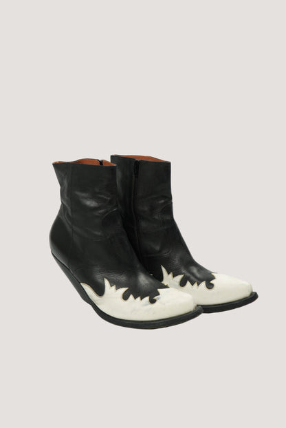 Vetements Black/White Flame Wedge Leather Texan Ankle Boots