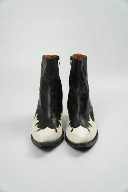 Vetements Black/White Flame Wedge Leather Texan Ankle Boots