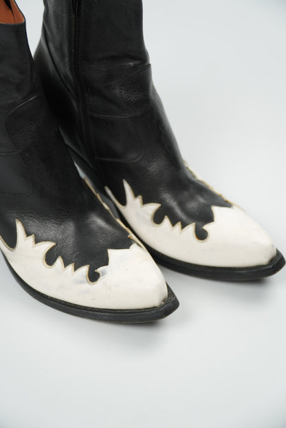 Vetements Black/White Flame Wedge Leather Texan Ankle Boots