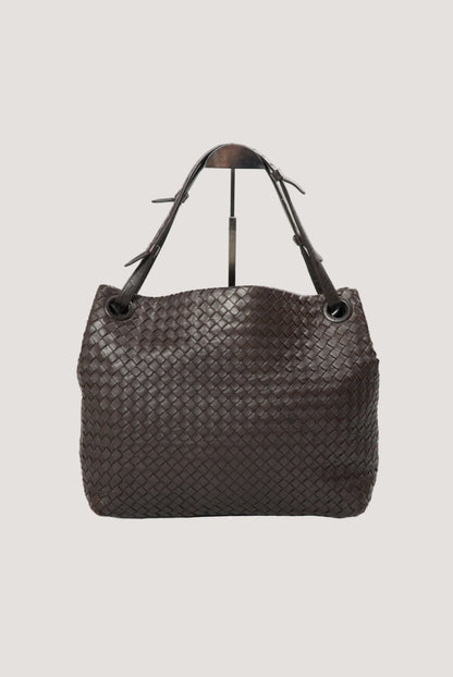 Bottega Veneta Garda Intrecciato Leather Dark Brown Tote Bag