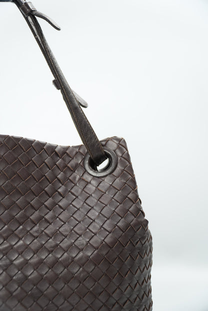 Bottega Veneta Garda Intrecciato Leather Dark Brown Tote Bag