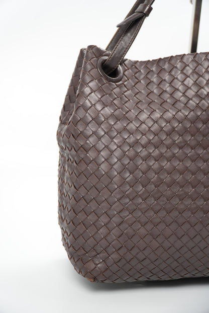 Bottega Veneta Garda Intrecciato Leather Dark Brown Tote Bag