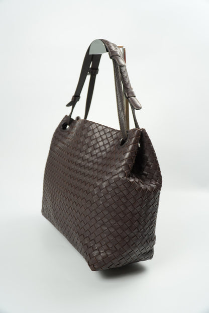 Bottega Veneta Garda Intrecciato Leather Dark Brown Tote Bag