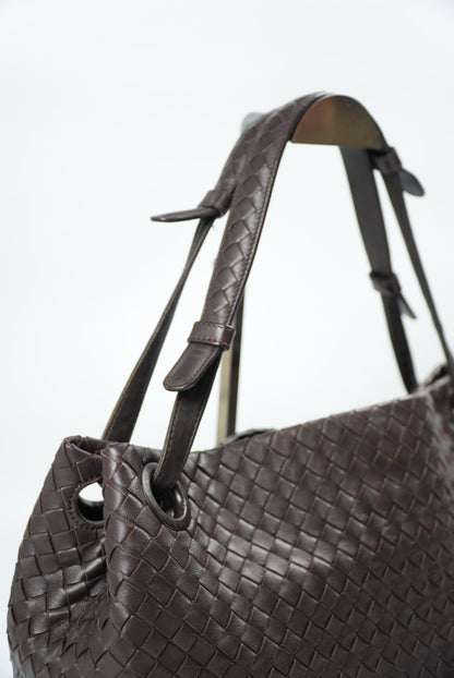 Bottega Veneta Garda Intrecciato Leather Dark Brown Tote Bag