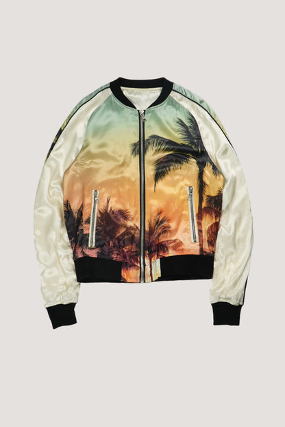 Balmain Palm Tree-Print Satin Bomber Jacket