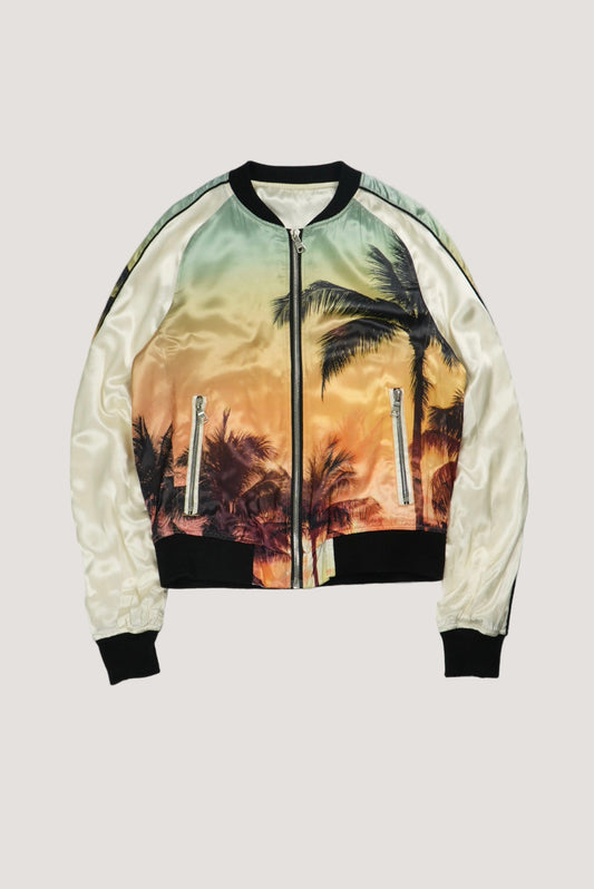 Balmain Palm Tree-Print Satin Bomber Jacket