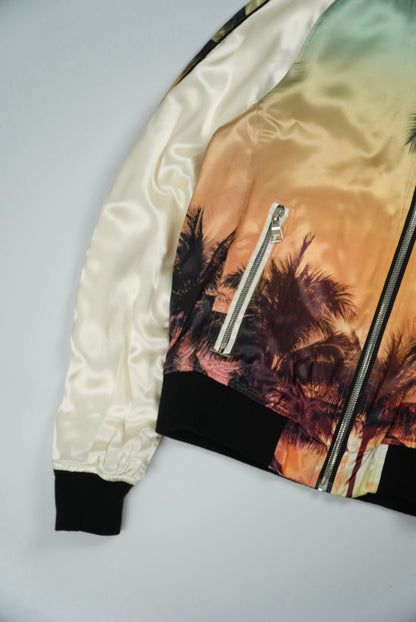 Balmain Palm Tree-Print Satin Bomber Jacket