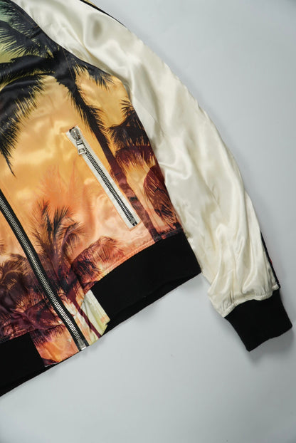 Balmain Palm Tree-Print Satin Bomber Jacket