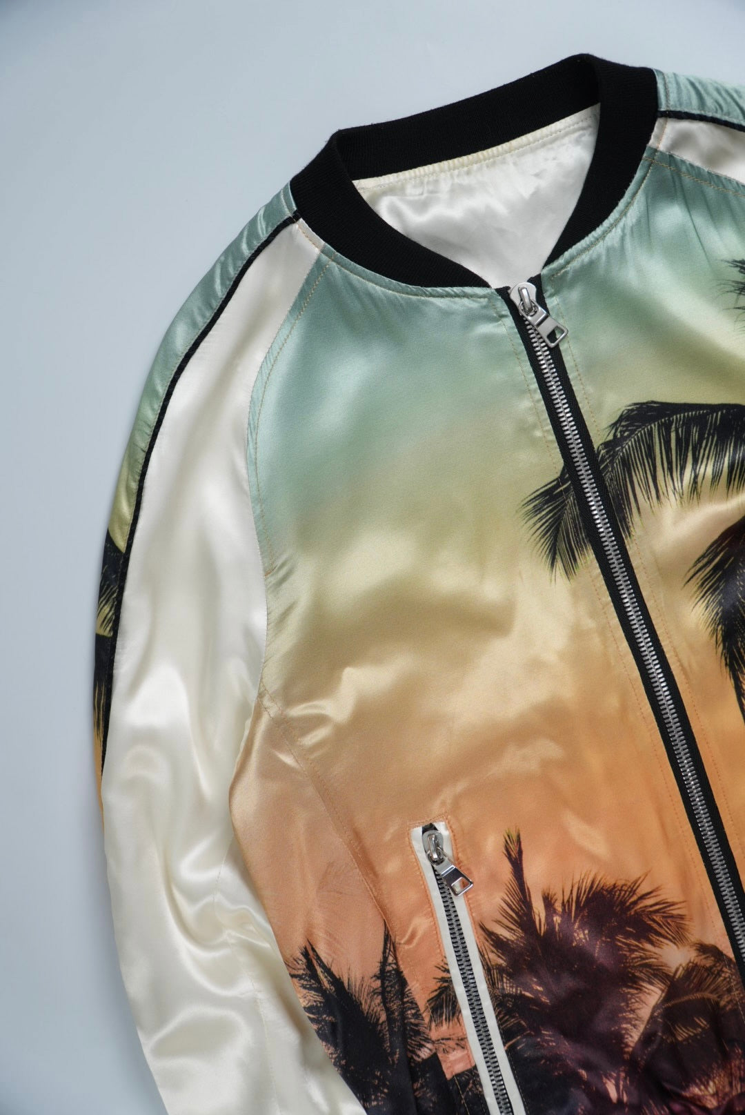 Balmain Palm Tree-Print Satin Bomber Jacket