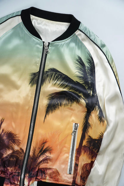 Balmain Palm Tree-Print Satin Bomber Jacket