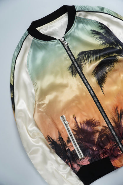 Balmain Palm Tree-Print Satin Bomber Jacket